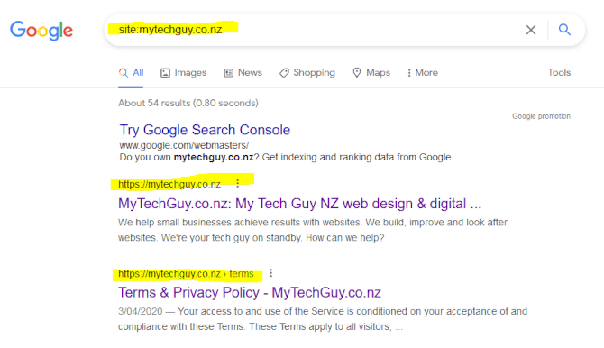 Google site search example using site:mytechguy.co.nz