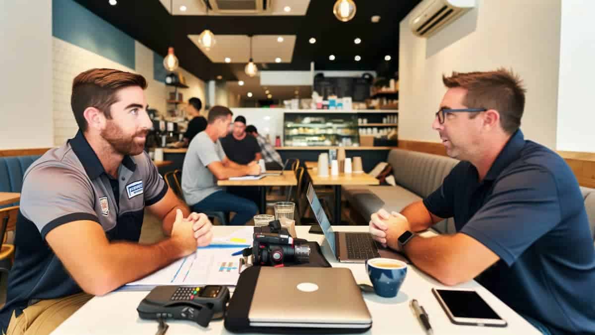 Web designer and customer consulting over the web design process in a New Zealand cafe