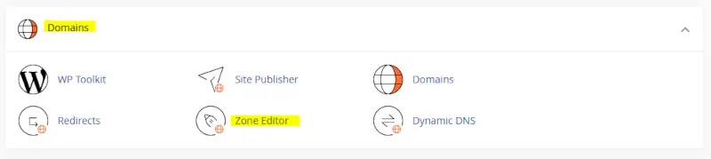 cPanel Domains section with Zone Editor highlighted