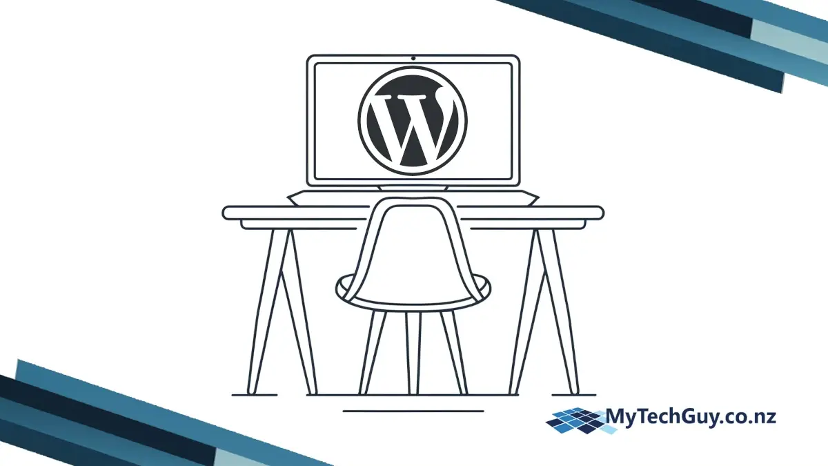 WordPress logo on a screen sat on a business desk