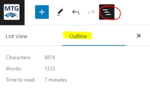 Outlint menu highlighted in Document Overview, showing count of Words and Time to read for the article