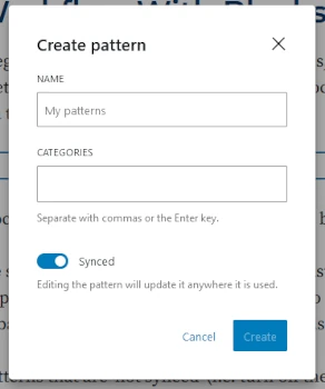 Block editor Create Pattern options