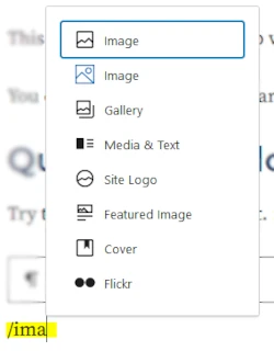 Block editor slash block search, with partial search of '/ima' highlighted