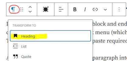 Transform To Heading option highlighted in the Block Menu