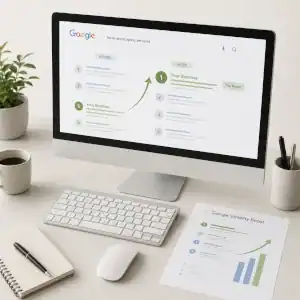 Computer screen showing Google search ranking position boosted