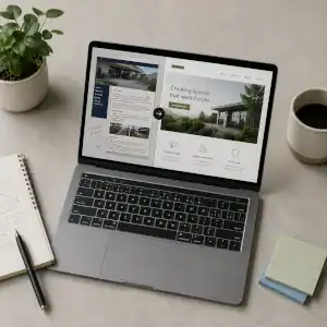Before and after of a service page upgrade on a laptop screen