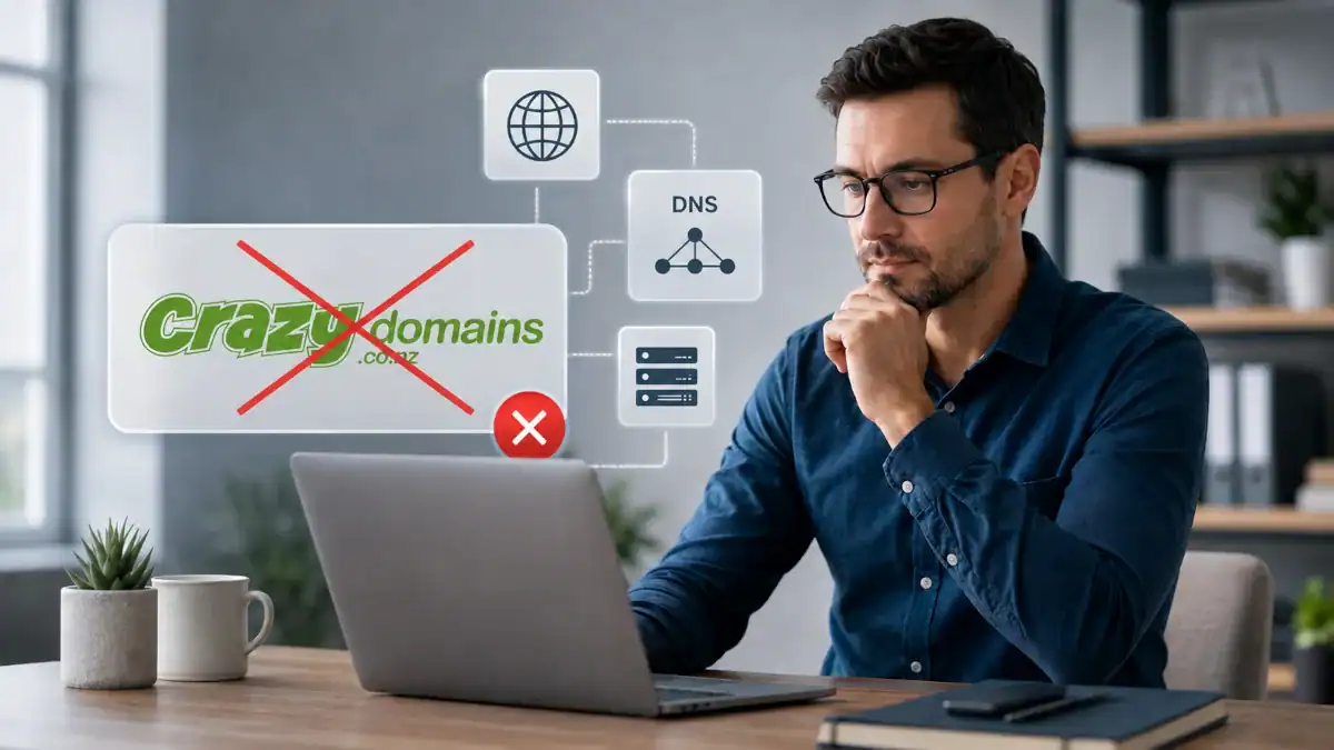 Man choosing domain provider using a laptop - and Crazy Domains NZ is not recommended